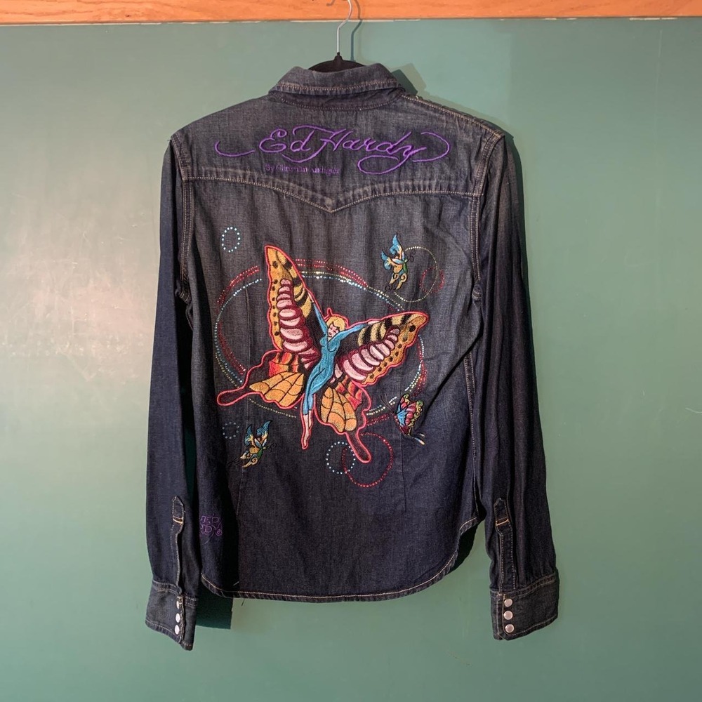 Ed Hardy Embroidered Denim Shirt Fairy Punk Jacket Weight Blue Medium